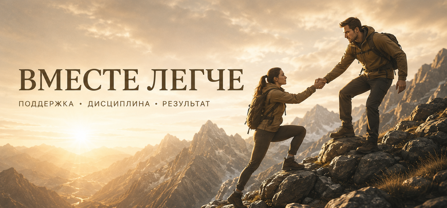 Вместе легче. Поддержка, дисциплина, результат. Два человека помогают друг другу подняться в гору.
